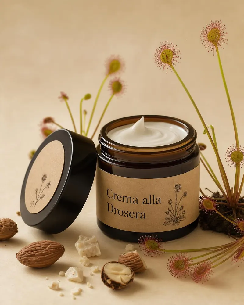 Vasetto in vetro ambrato di Crema alla Drosera Nyci con fiori di drosera e mandorle dolci