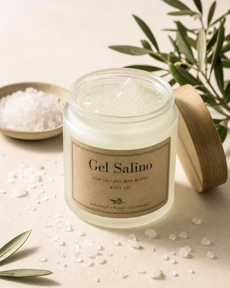 Vasetto in vetro satinato di Gel Salino Nyci con cristalli di sale e foglie di olivo