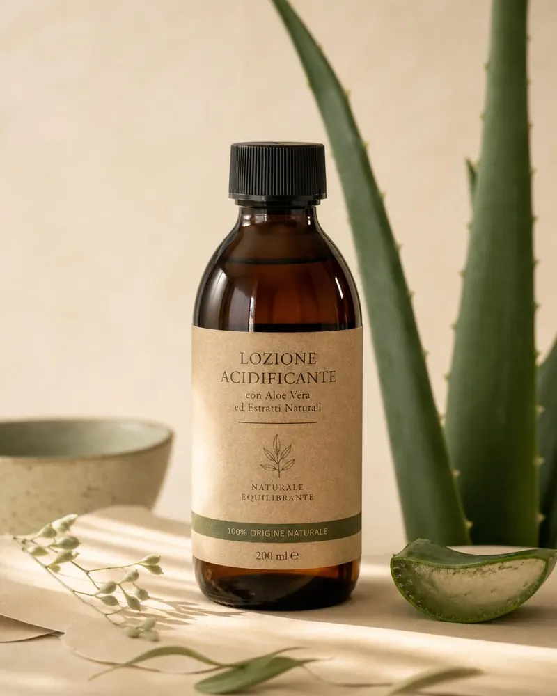 Flacone ambrato di Lozione Acidificante Nyci con foglia di aloe vera