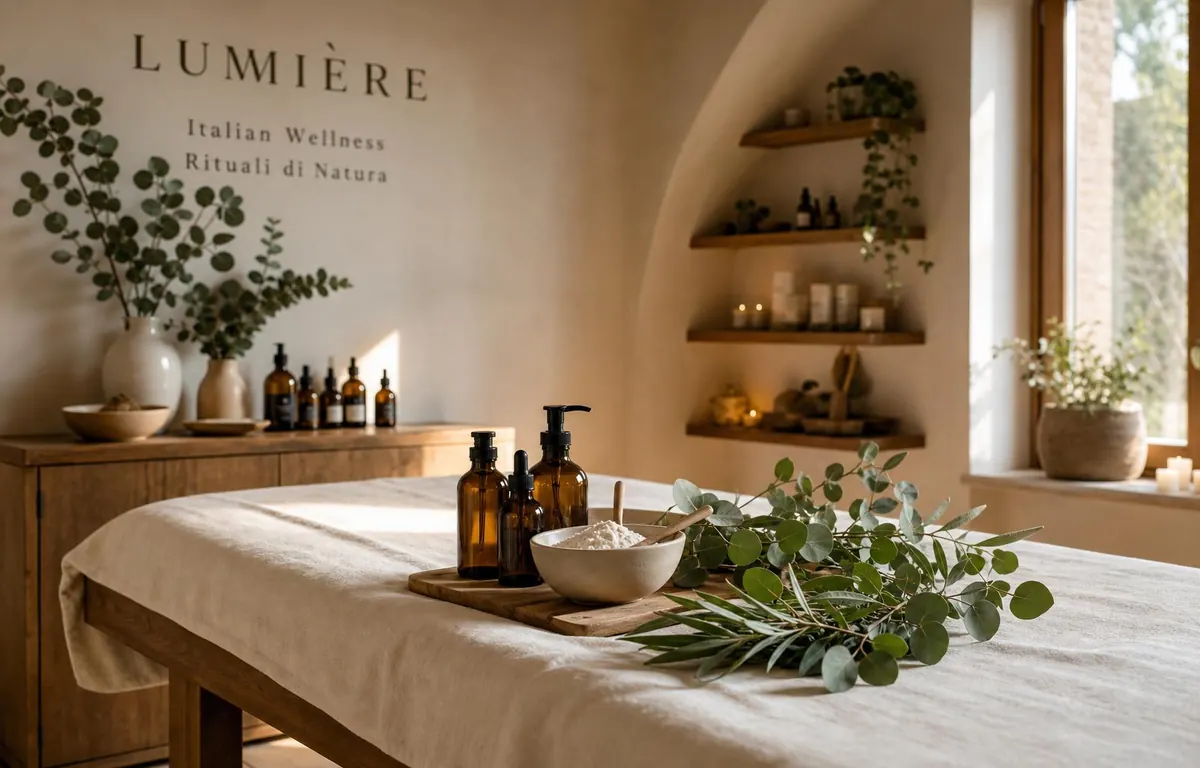 Studio di estetica professionale italiana con bottiglie ambrate Nyci e foglie di eucalipto