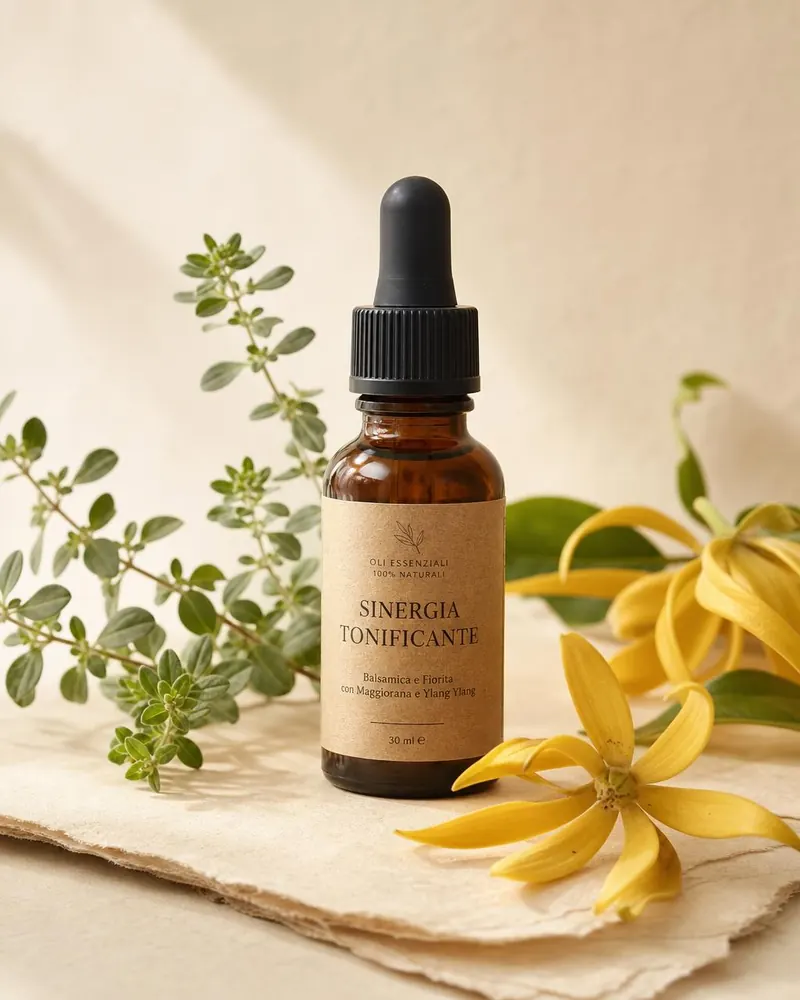 Flacone contagocce ambrato di Sinergia Tonificante Nyci con maggiorana e ylang ylang