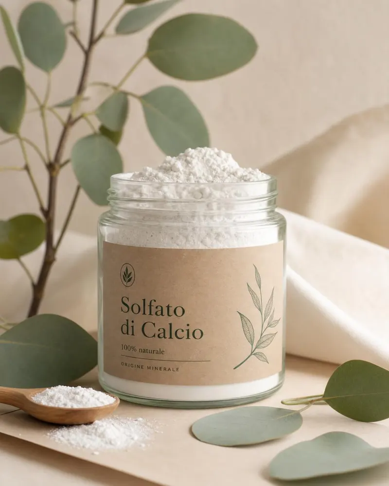 Vasetto in vetro di Solfato di Calcio Nyci su fondo crema con foglie di eucalipto